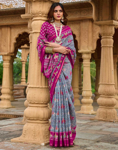 Grey Cotton Printed Patola Saree