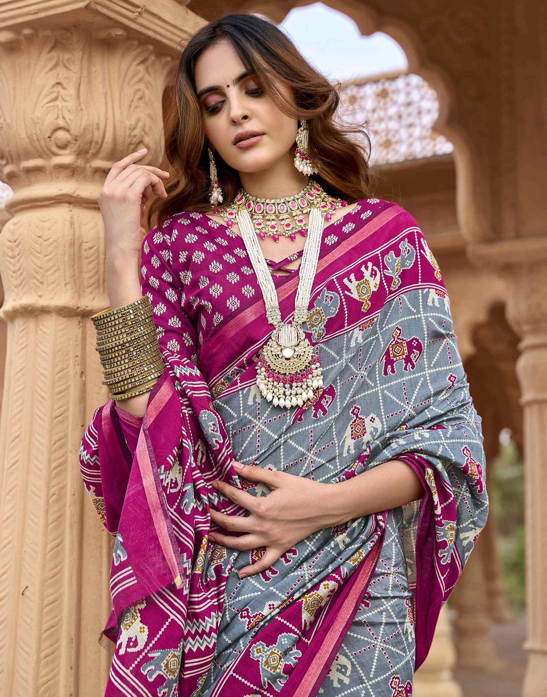 Grey Cotton Printed Patola Saree