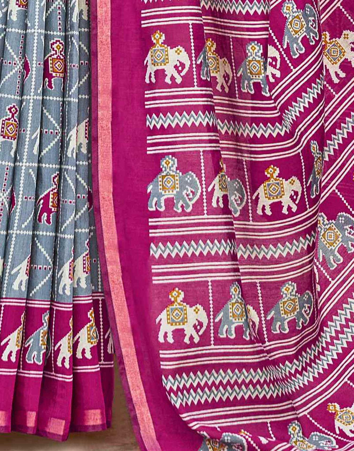 Grey Cotton Printed Patola Saree