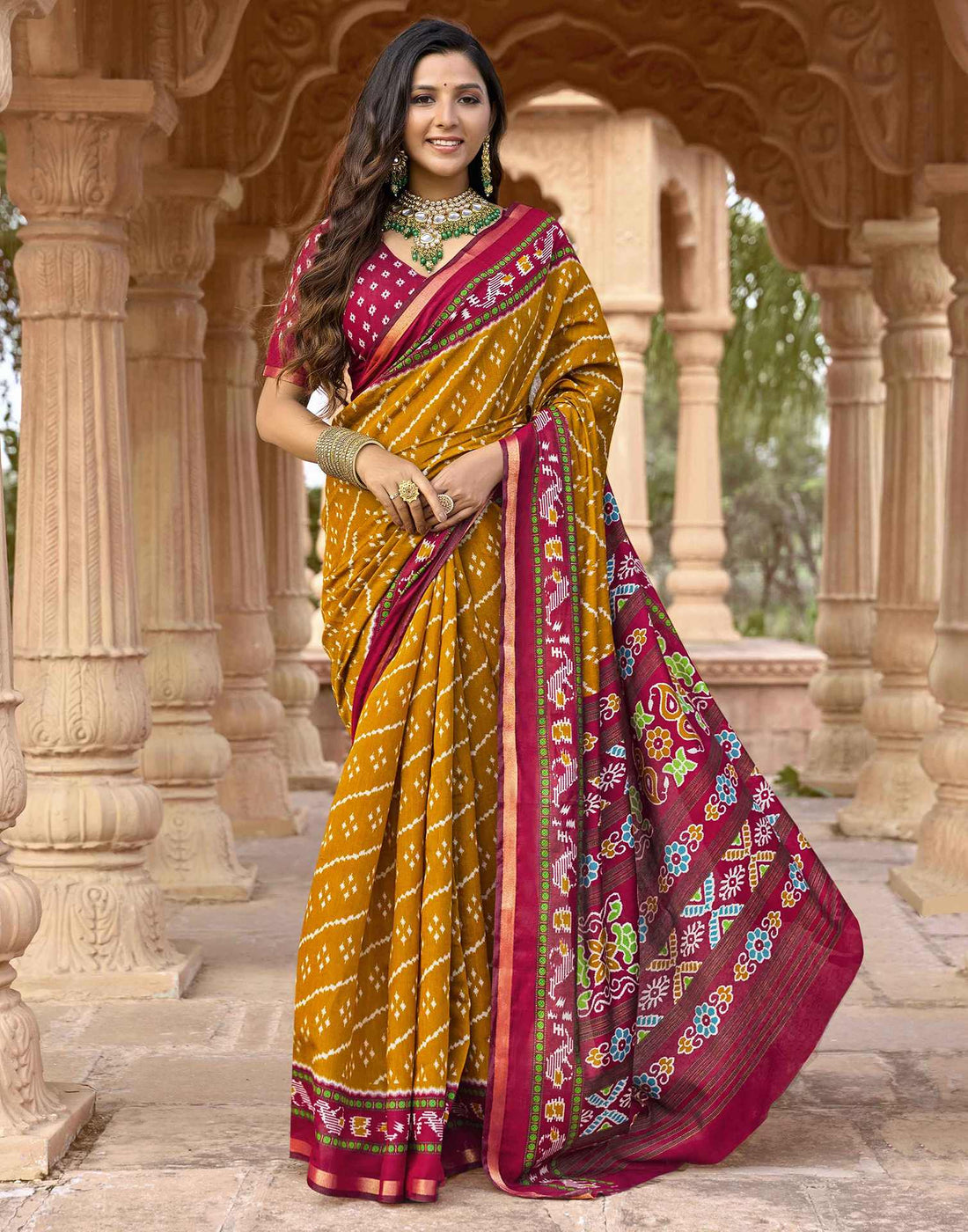 Mustard Yellow Cotton Printed Patola Saree