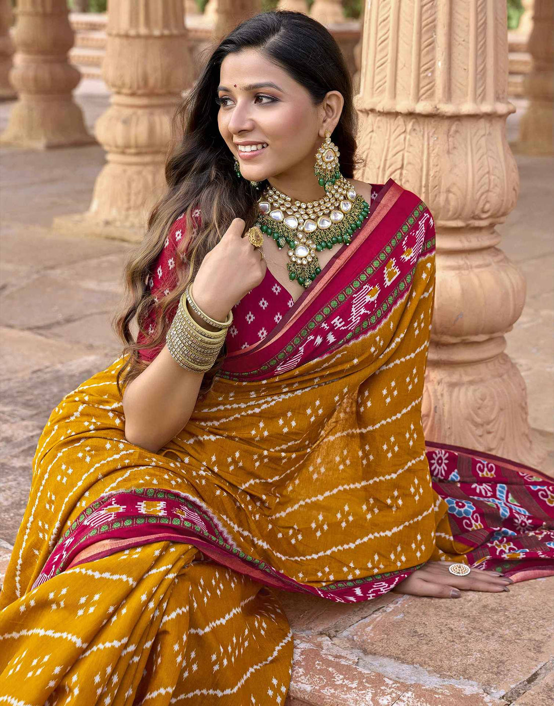 Mustard Yellow Cotton Printed Patola Saree