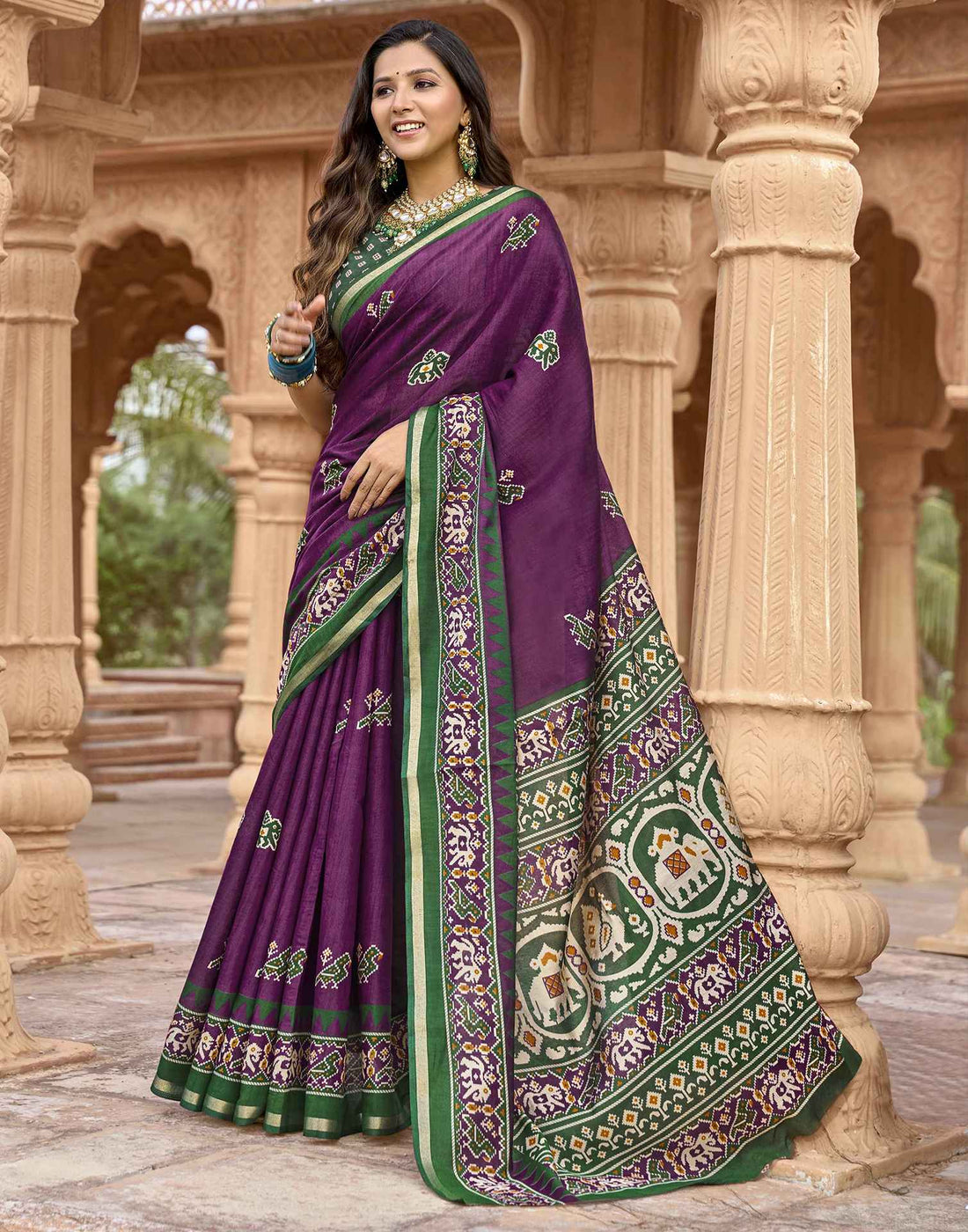 Dark Purple Cotton Printed Patola Saree