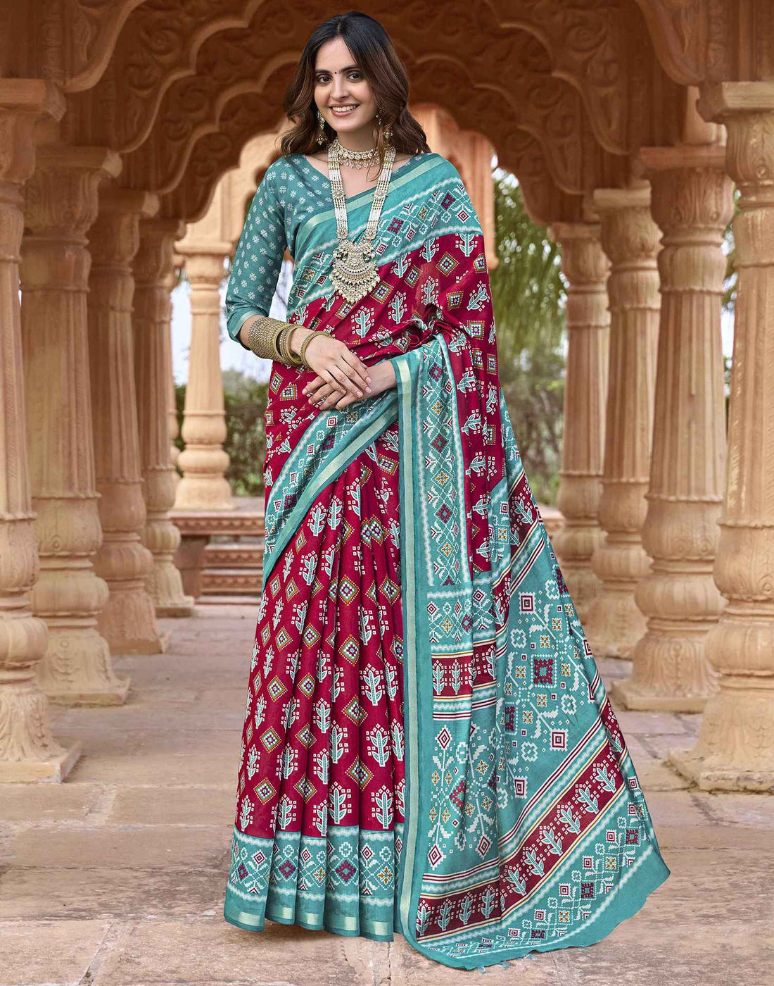 Red Cotton Printed Patola Saree
