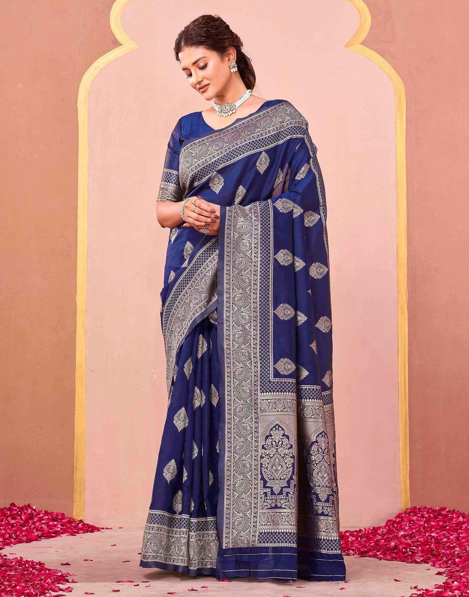 Dark Blue Silk Woven Banarasi Saree