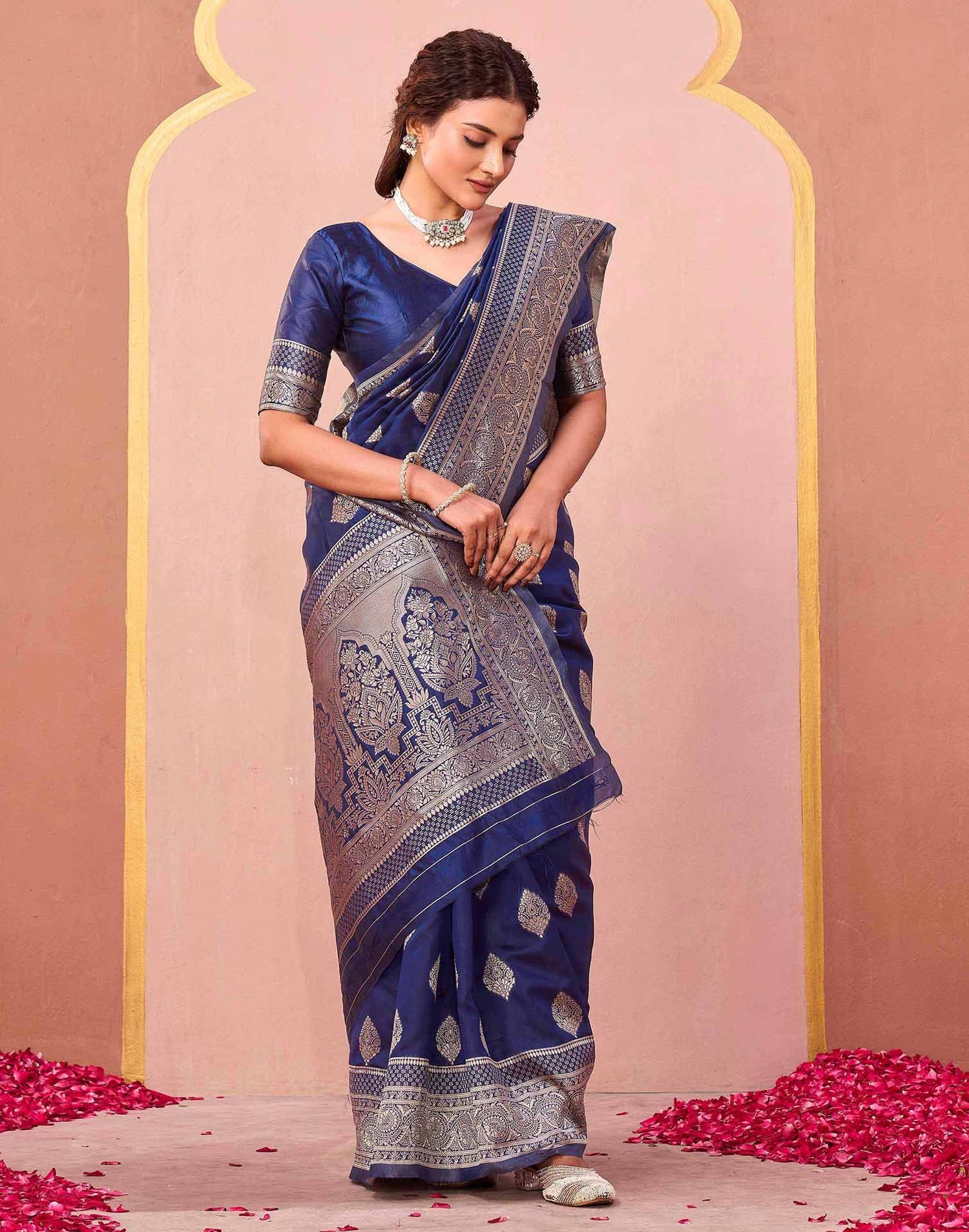 Dark Blue Silk Woven Banarasi Saree