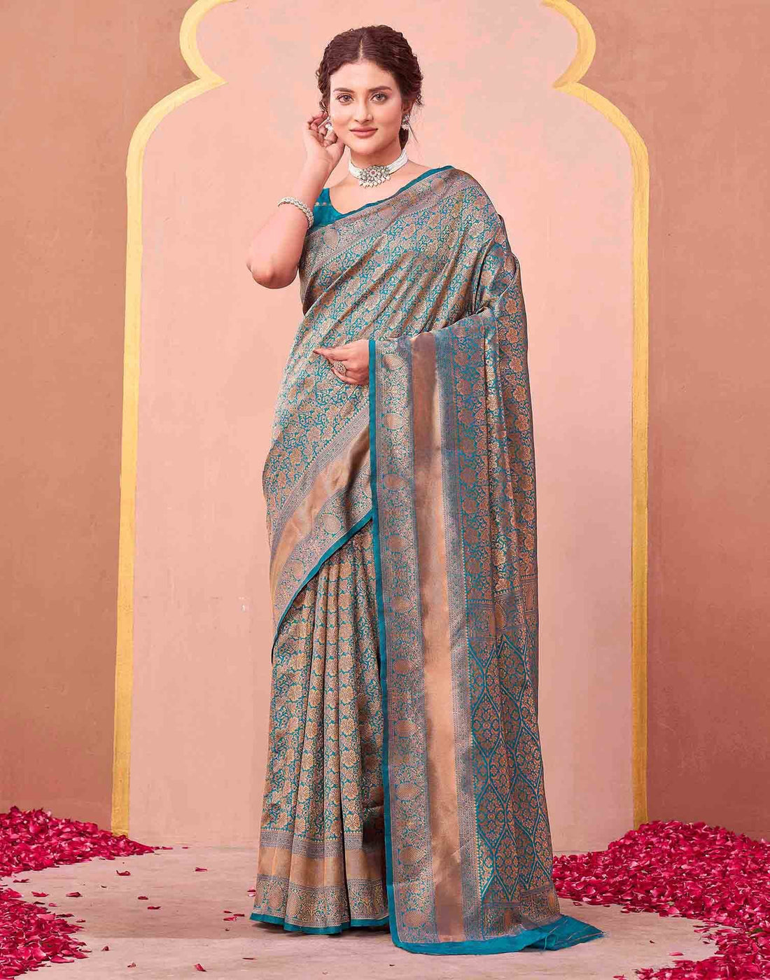 Teal Blue Silk Woven Banarasi Saree