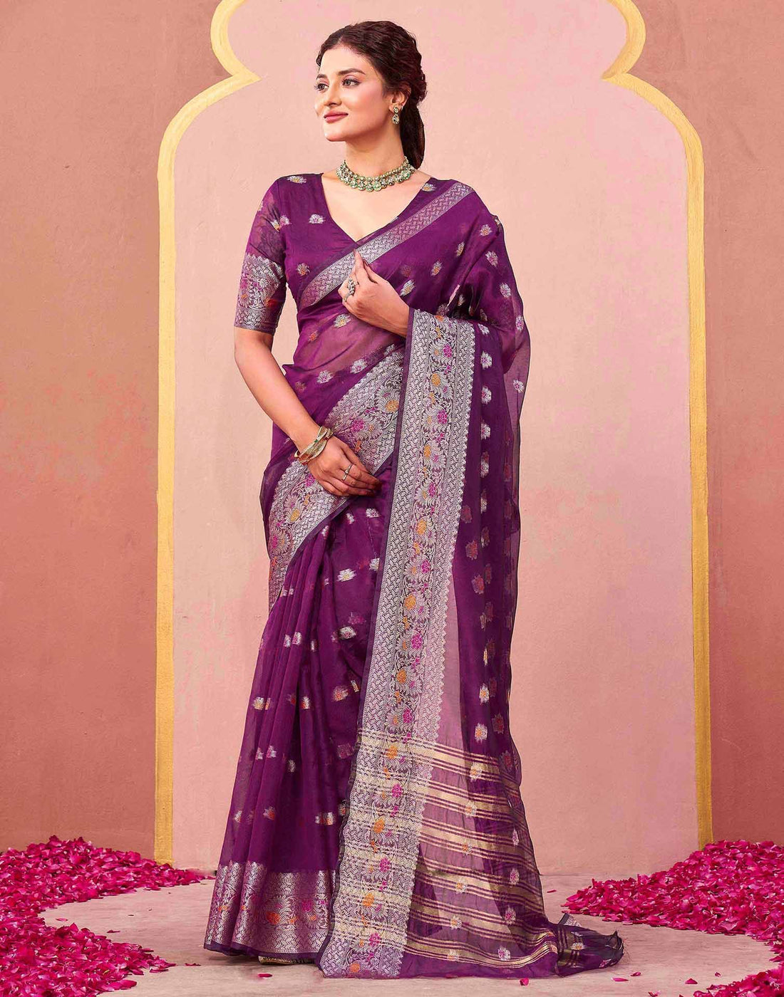 Dark Purple Organza Woven Saree