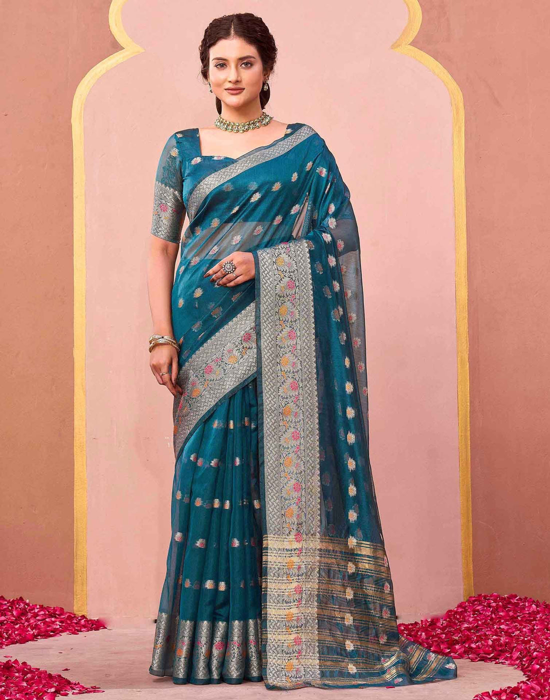 Rama Green Organza Woven Saree