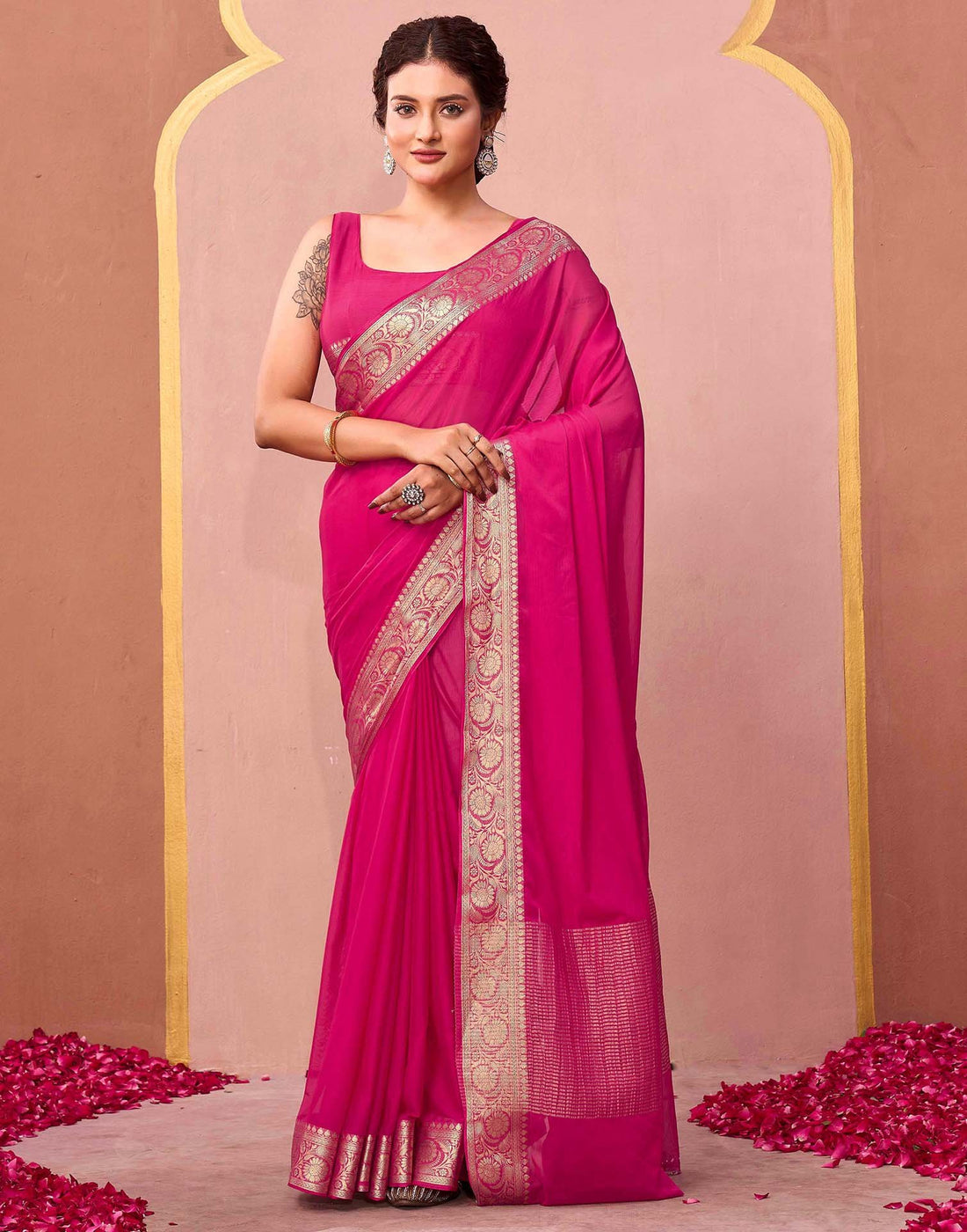 Bright Pink Chiffon Woven Saree