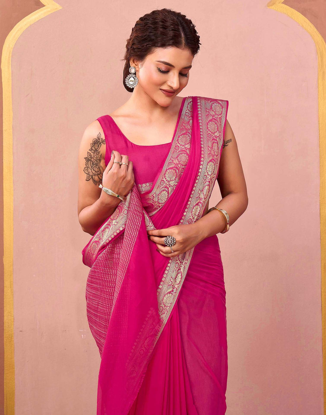 Bright Pink Chiffon Woven Saree