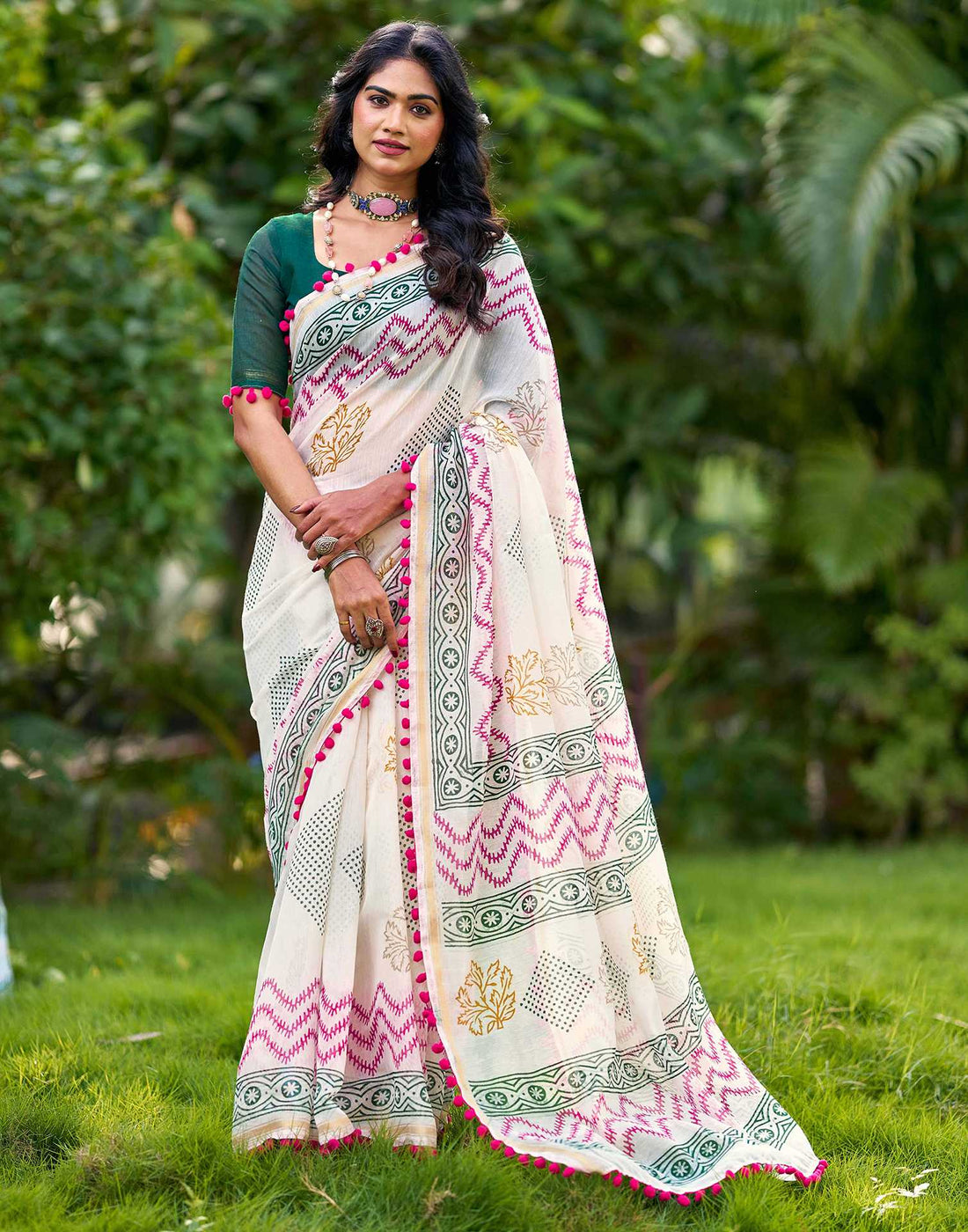 Off White Chanderi Printed Saree