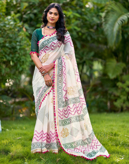 Off White Chanderi Printed Saree