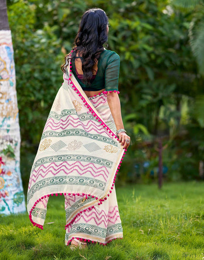 Off White Chanderi Printed Saree