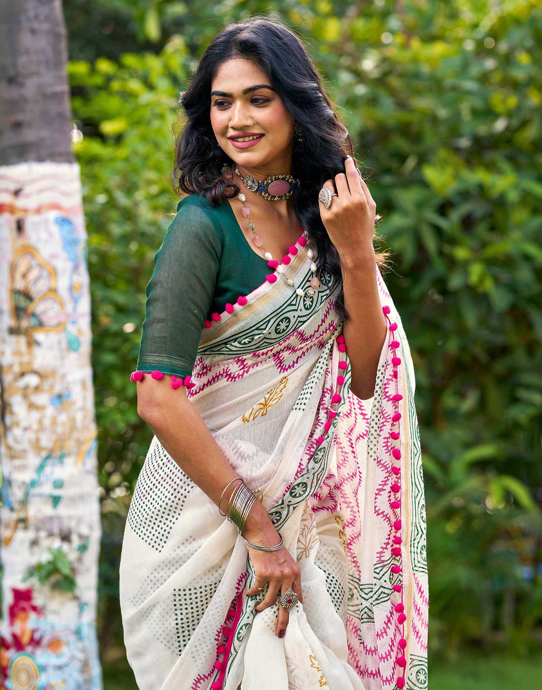 Off White Chanderi Printed Saree