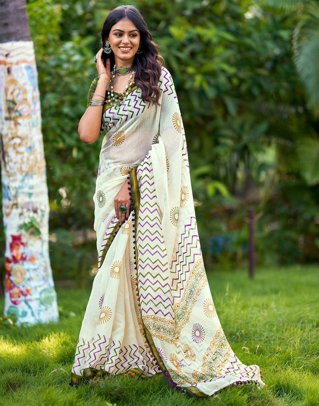 Off White Chanderi Printed Saree