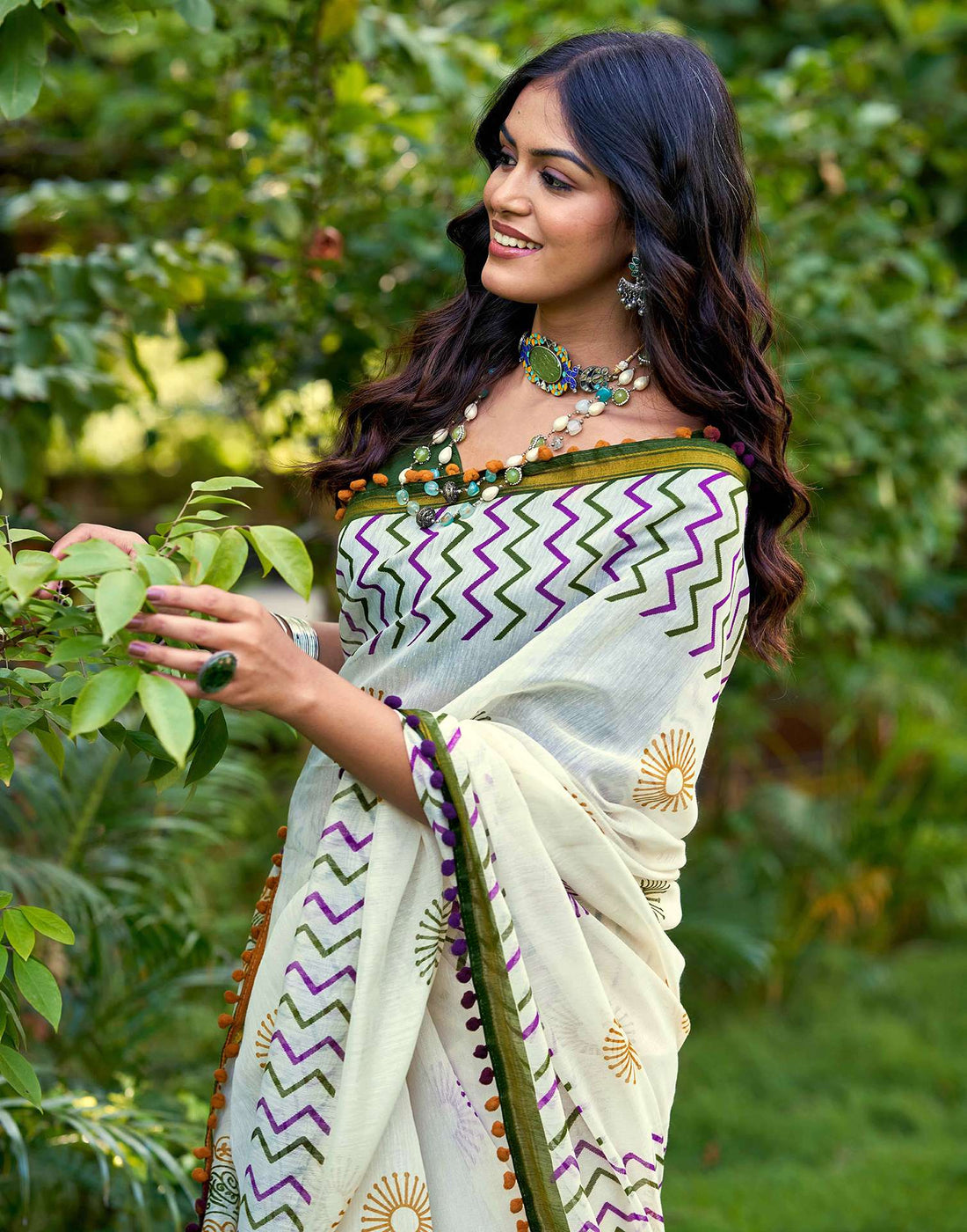 Off White Chanderi Printed Saree
