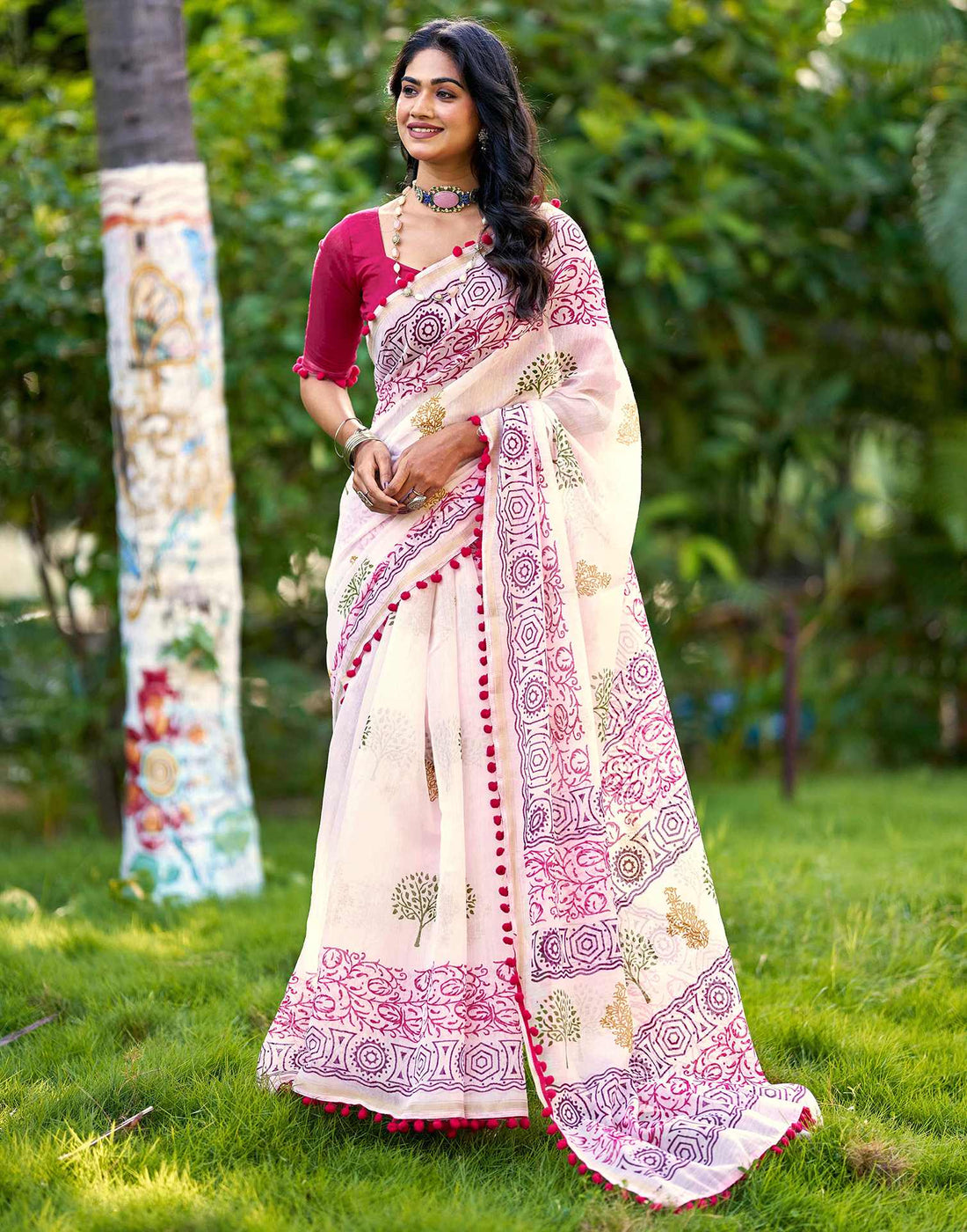 Off White Chanderi Printed Saree