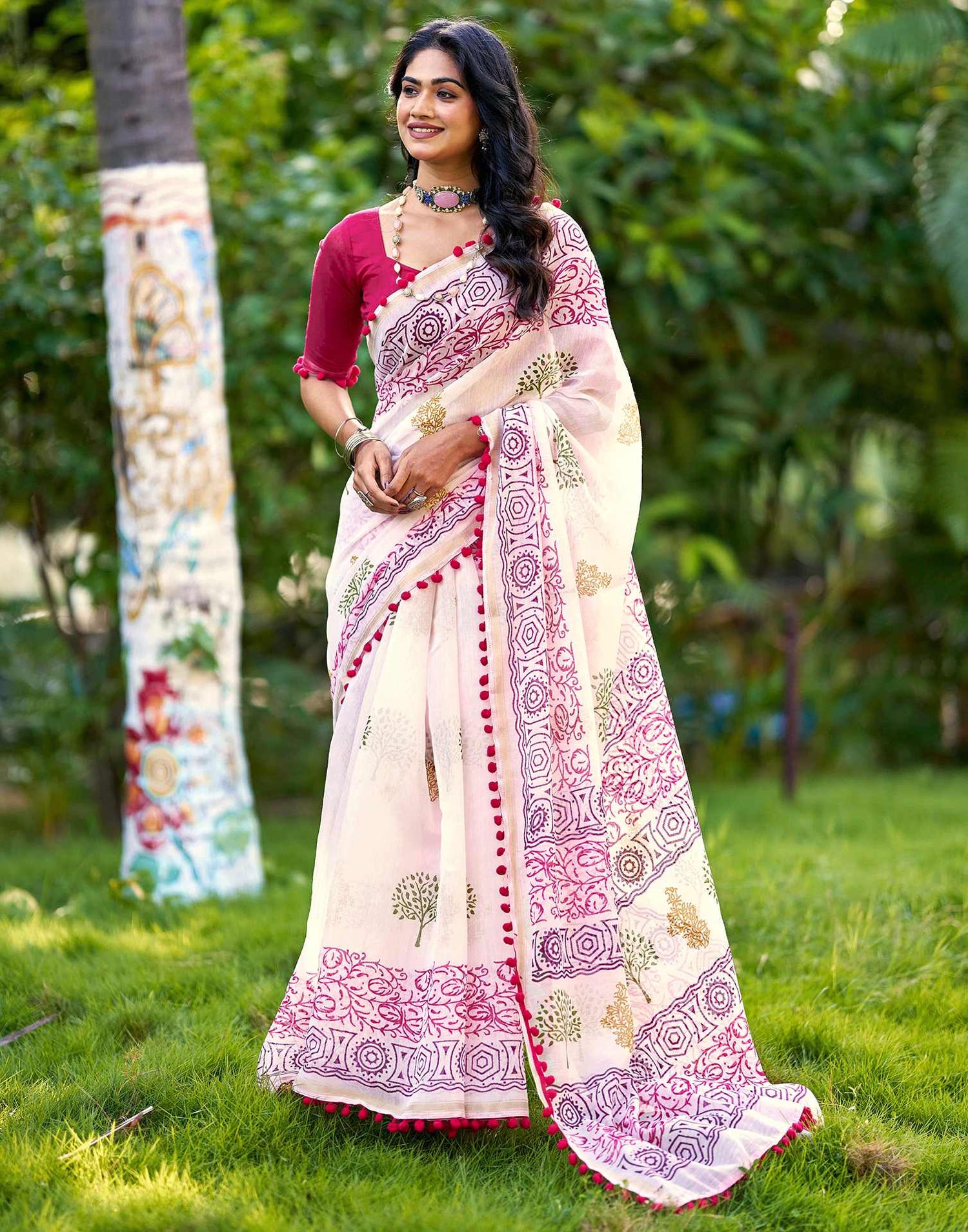 Off White Chanderi Printed Saree