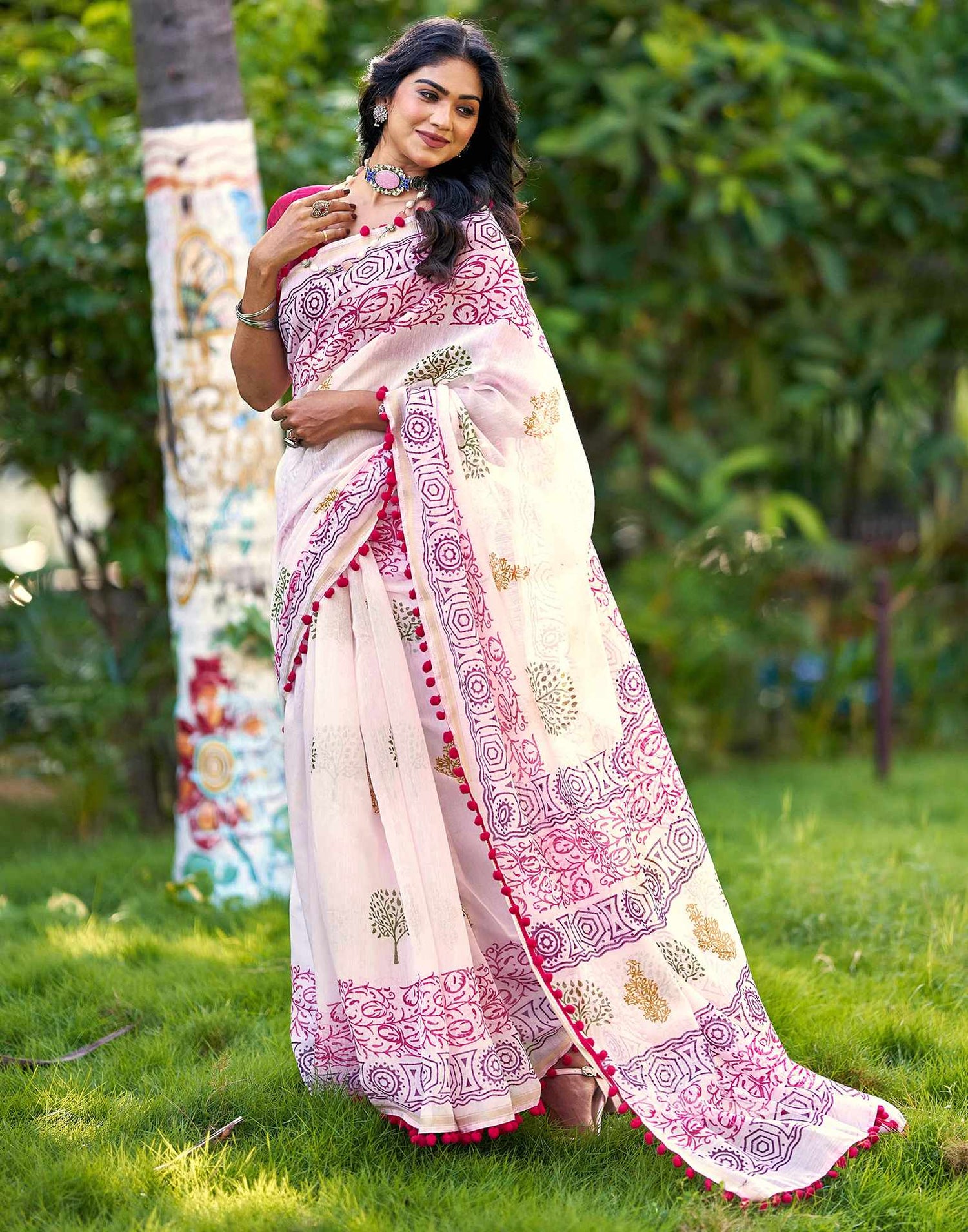 Off White Chanderi Printed Saree