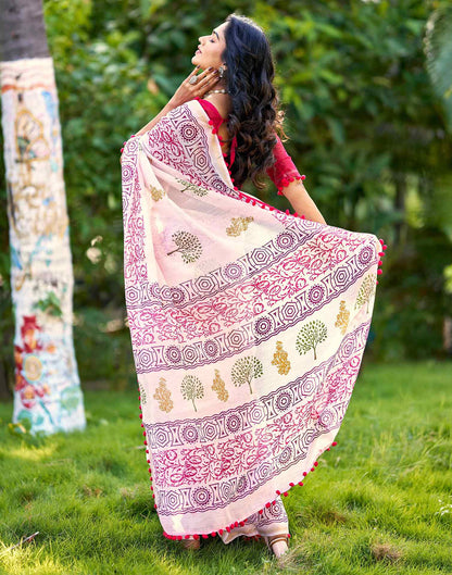 Off White Chanderi Printed Saree