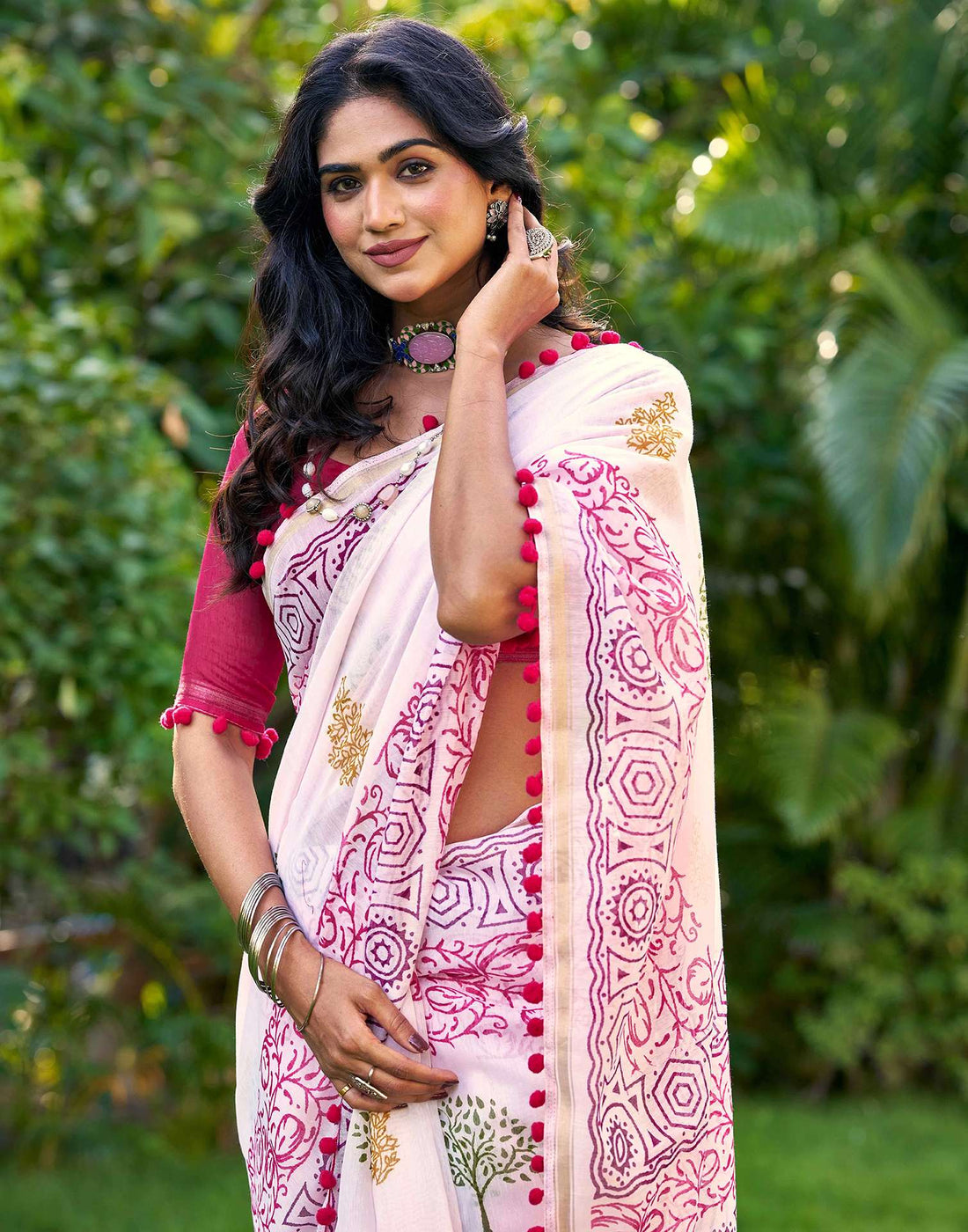 Off White Chanderi Printed Saree
