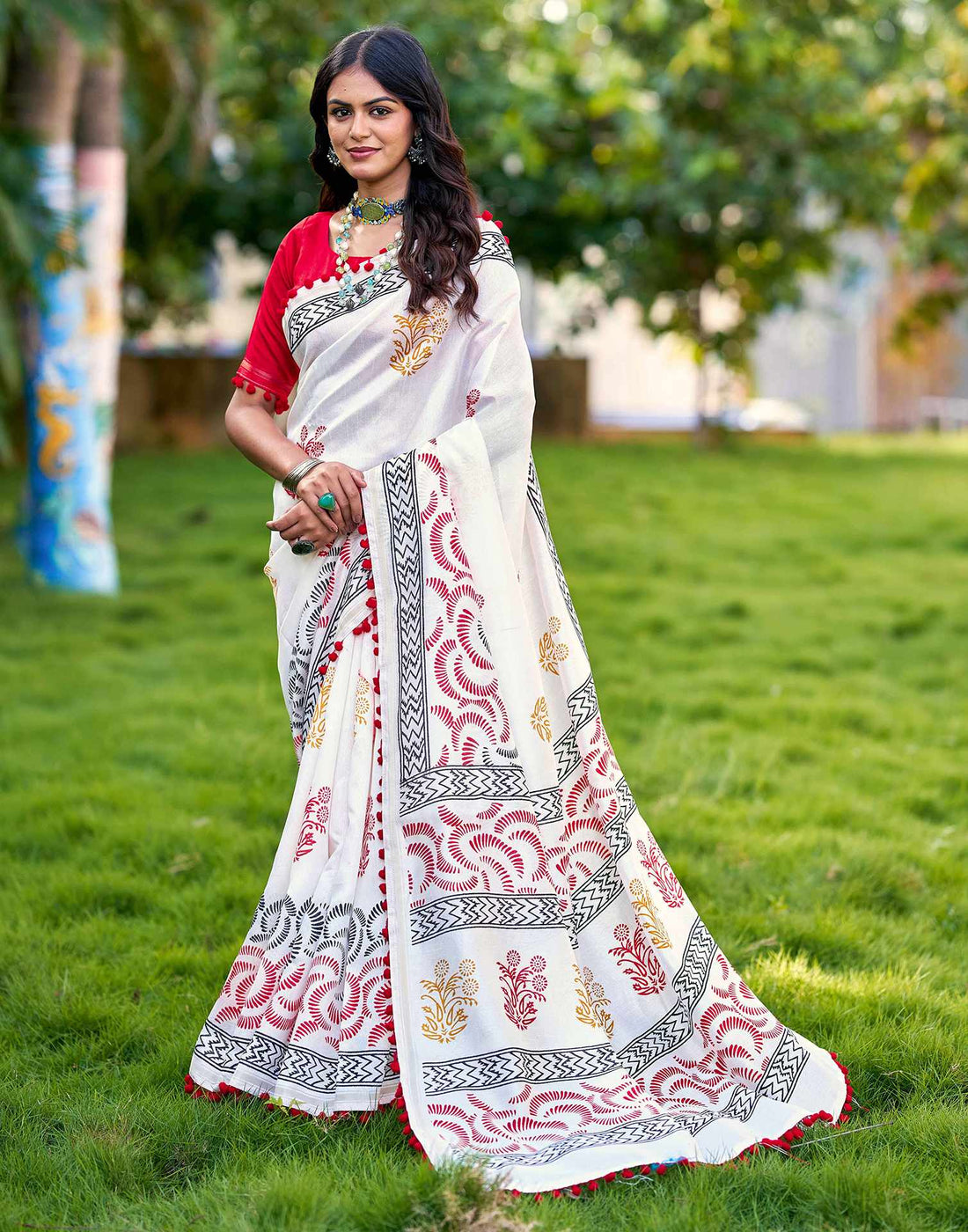 Off White Chanderi Printed Saree