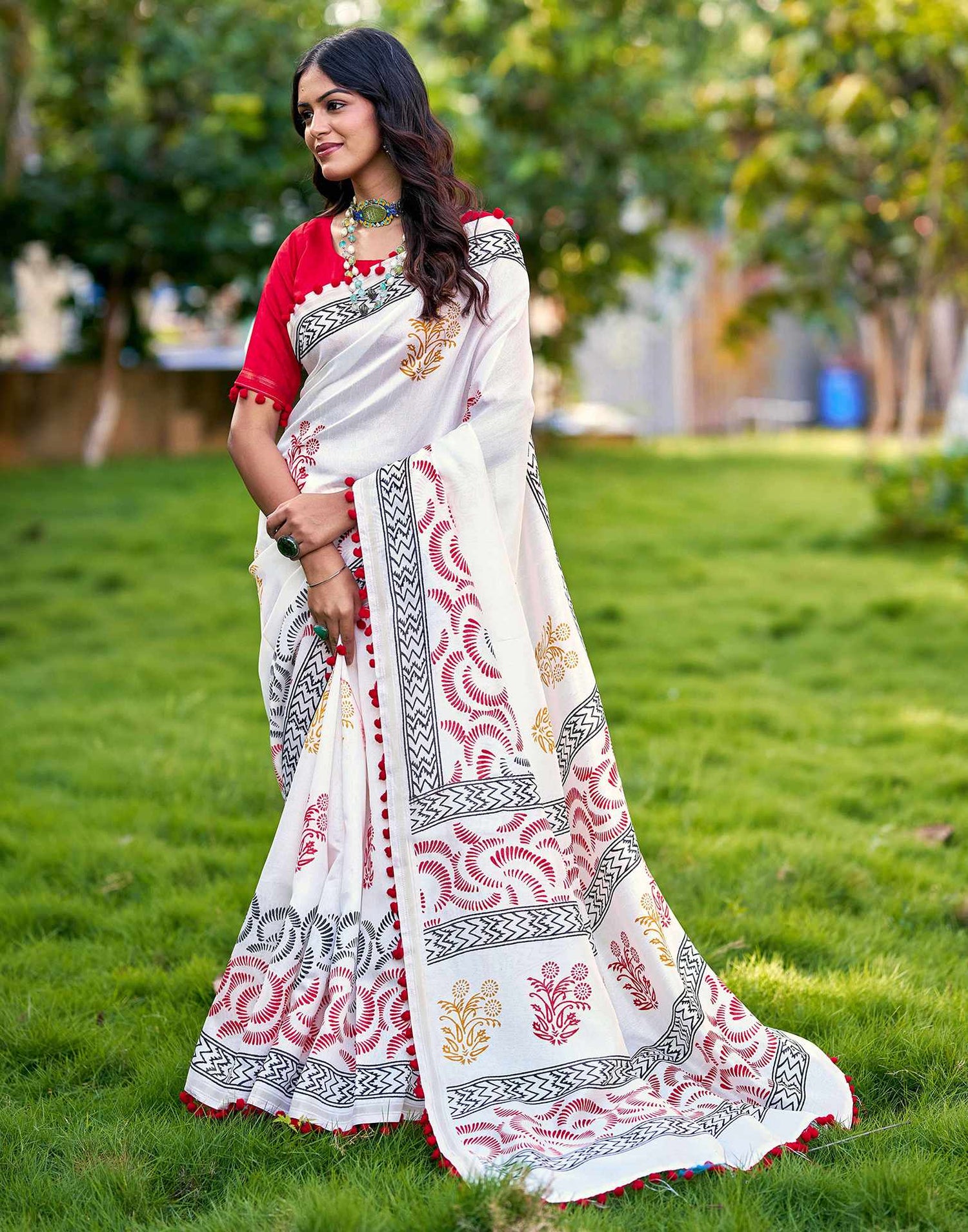 Off White Chanderi Printed Saree