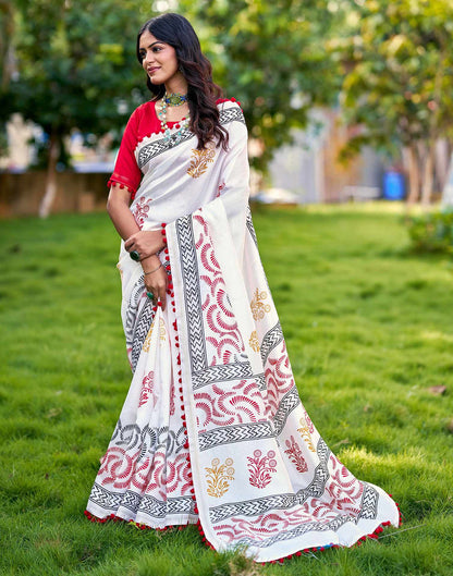 Off White Chanderi Printed Saree