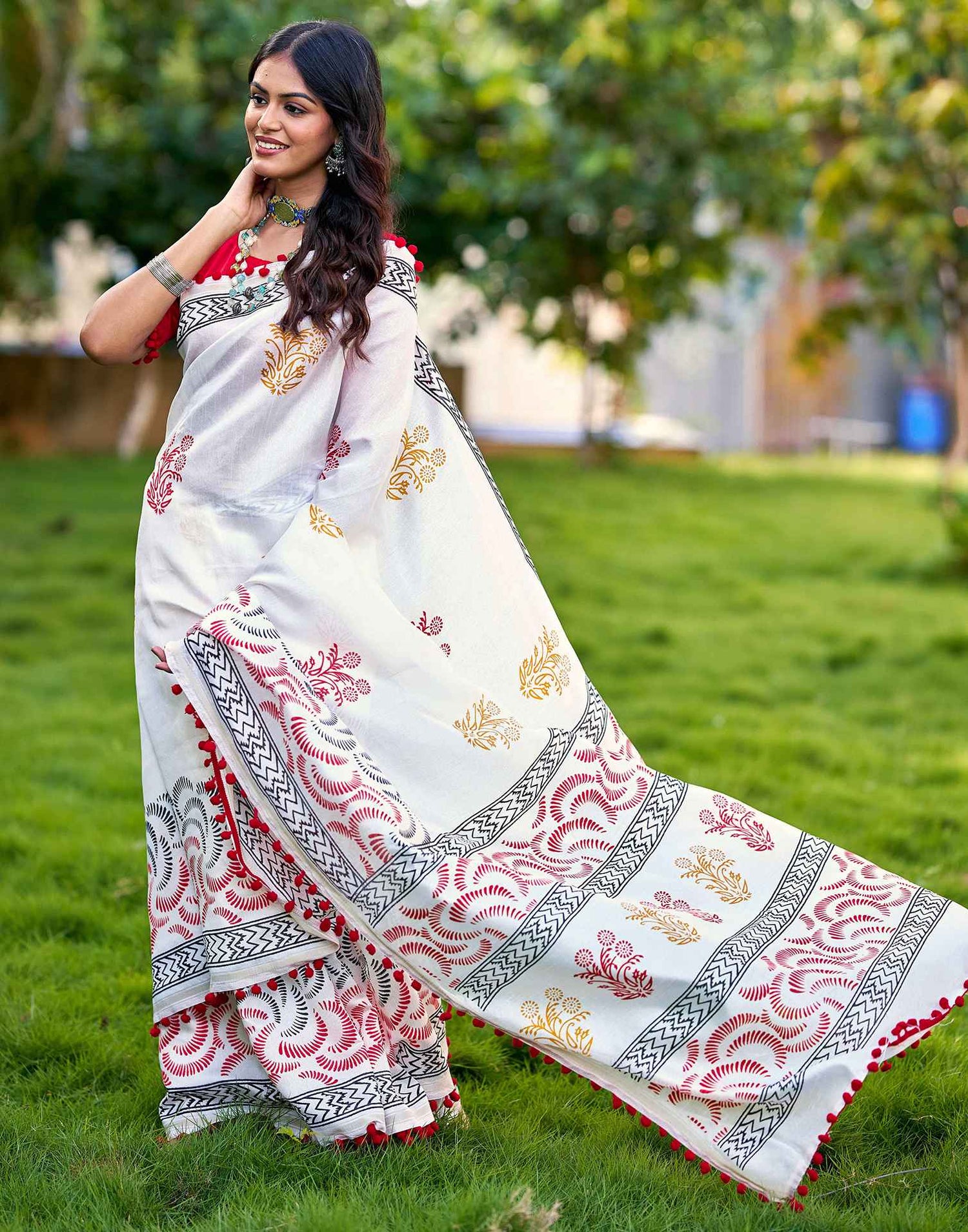 Off White Chanderi Printed Saree