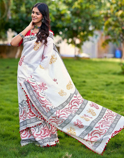 Off White Chanderi Printed Saree