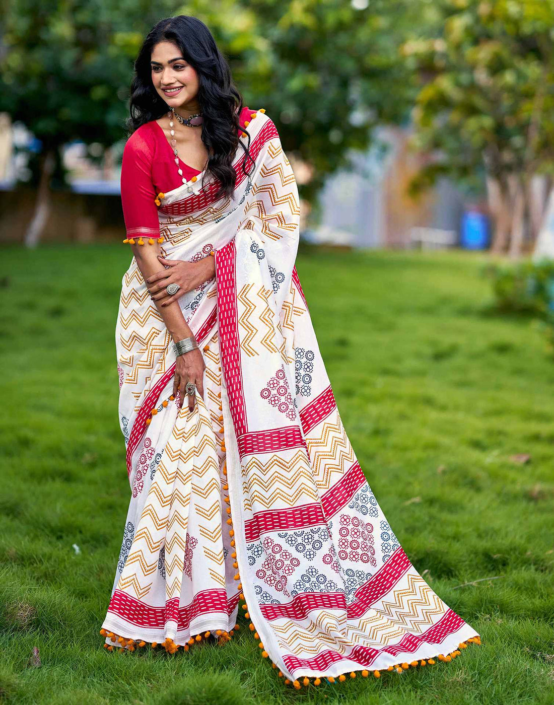 Off White Chanderi Printed Saree