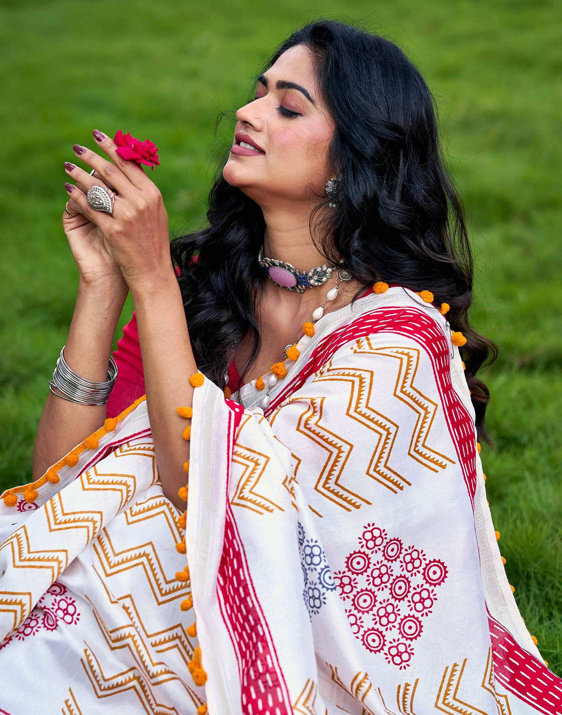Off White Chanderi Printed Saree