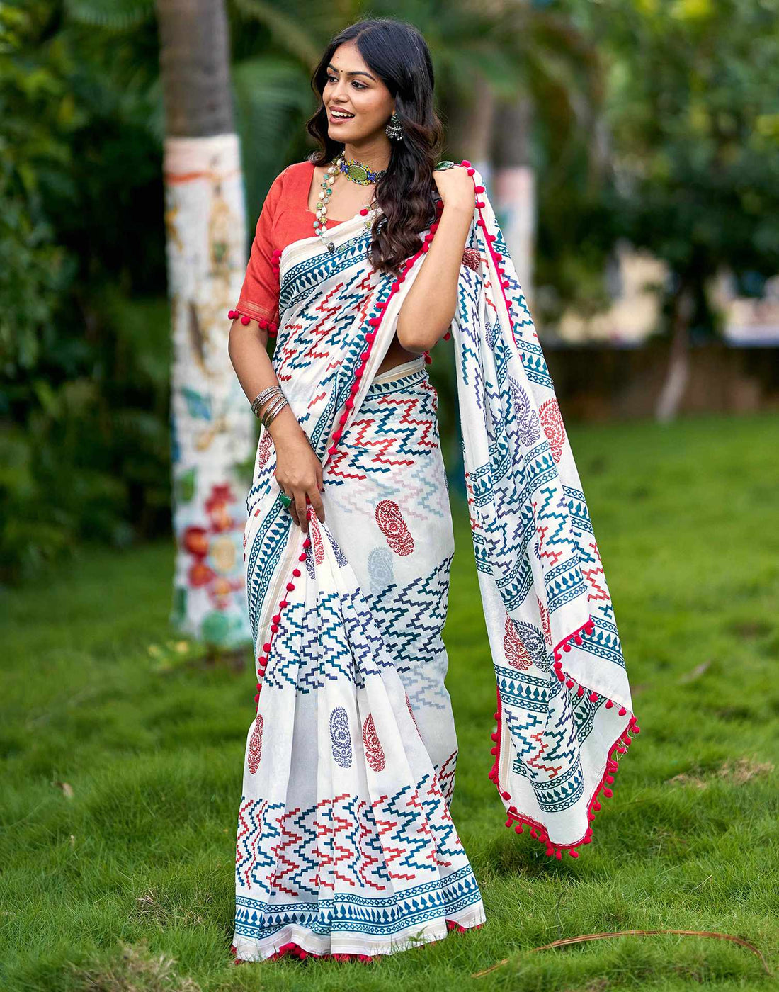 Off White Chanderi Printed Saree