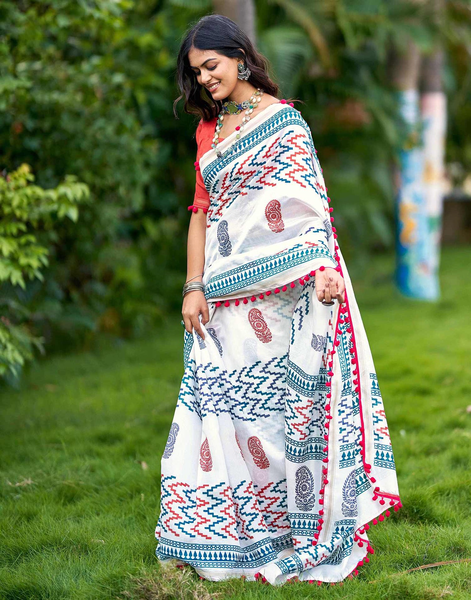 Off White Chanderi Printed Saree