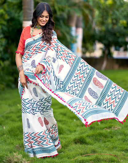Off White Chanderi Printed Saree