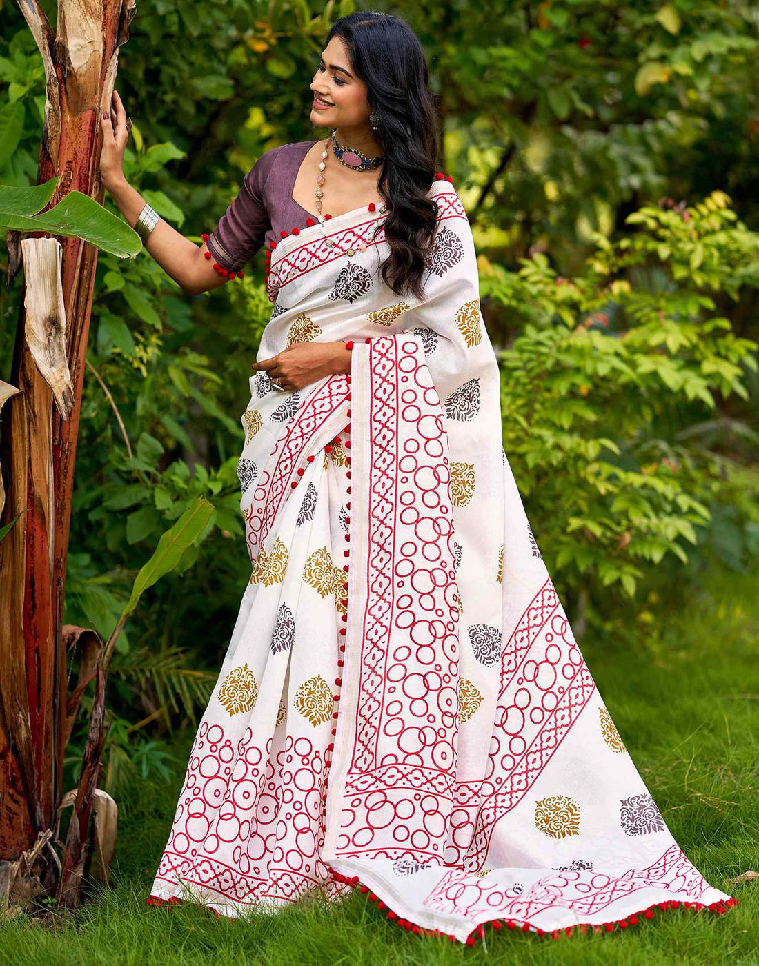Off White Chanderi Printed Saree