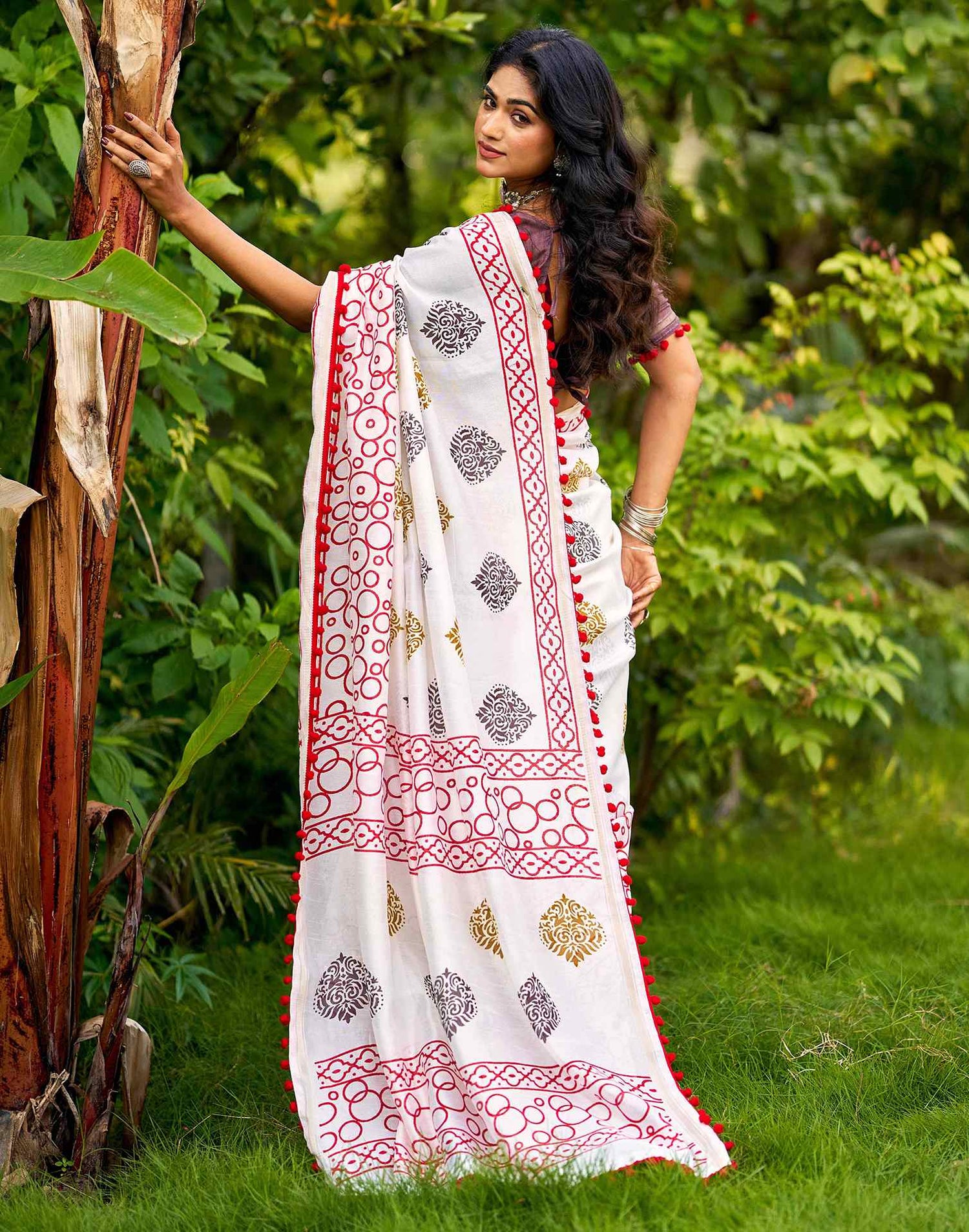 Off White Chanderi Printed Saree
