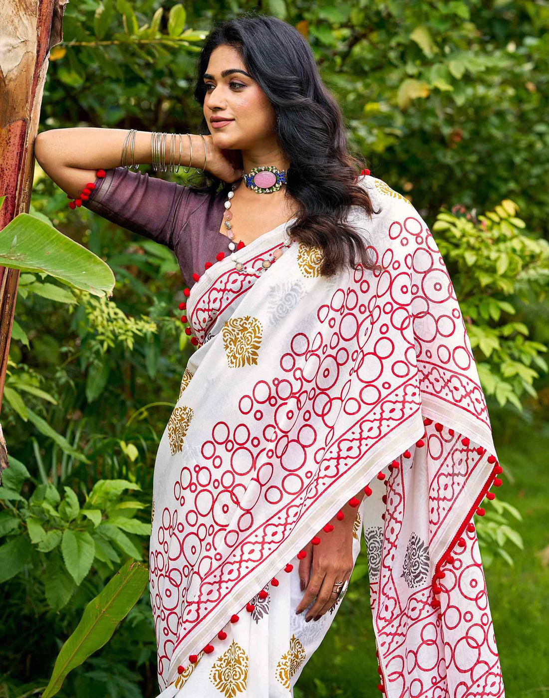 Off White Chanderi Printed Saree
