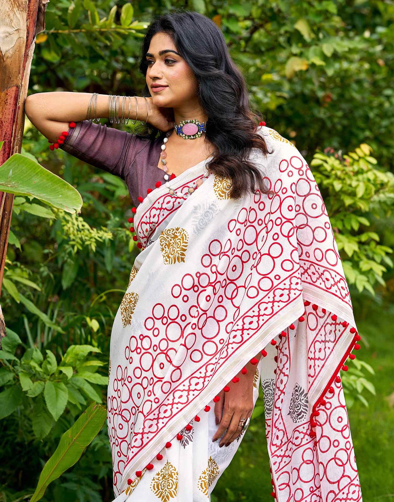 Off White Chanderi Printed Saree