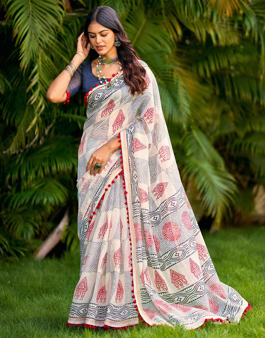 Off White Chanderi Printed Saree