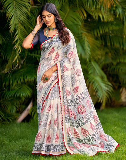 Off White Chanderi Printed Saree