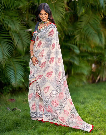Off White Chanderi Printed Saree