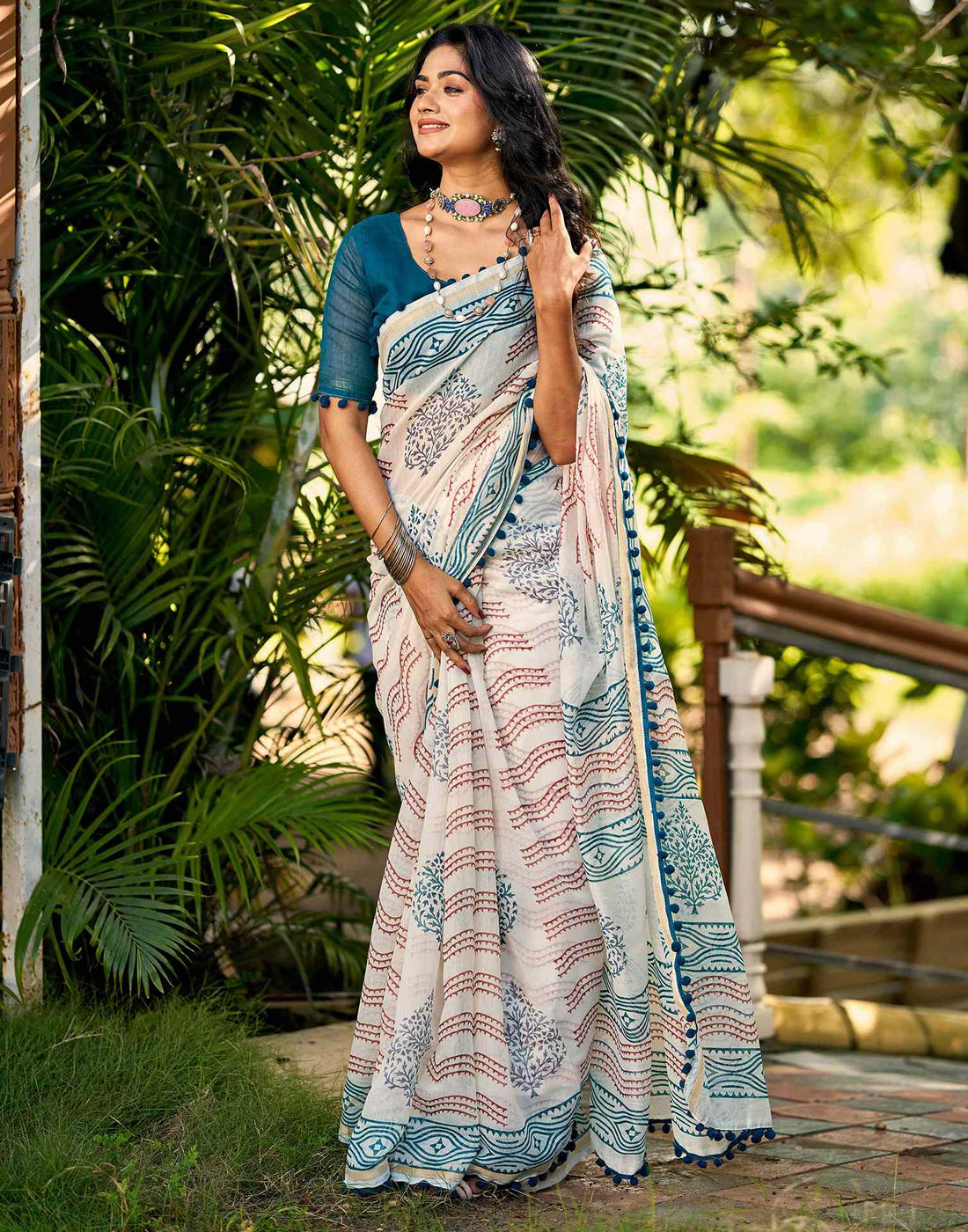 Off White Chanderi Printed Saree