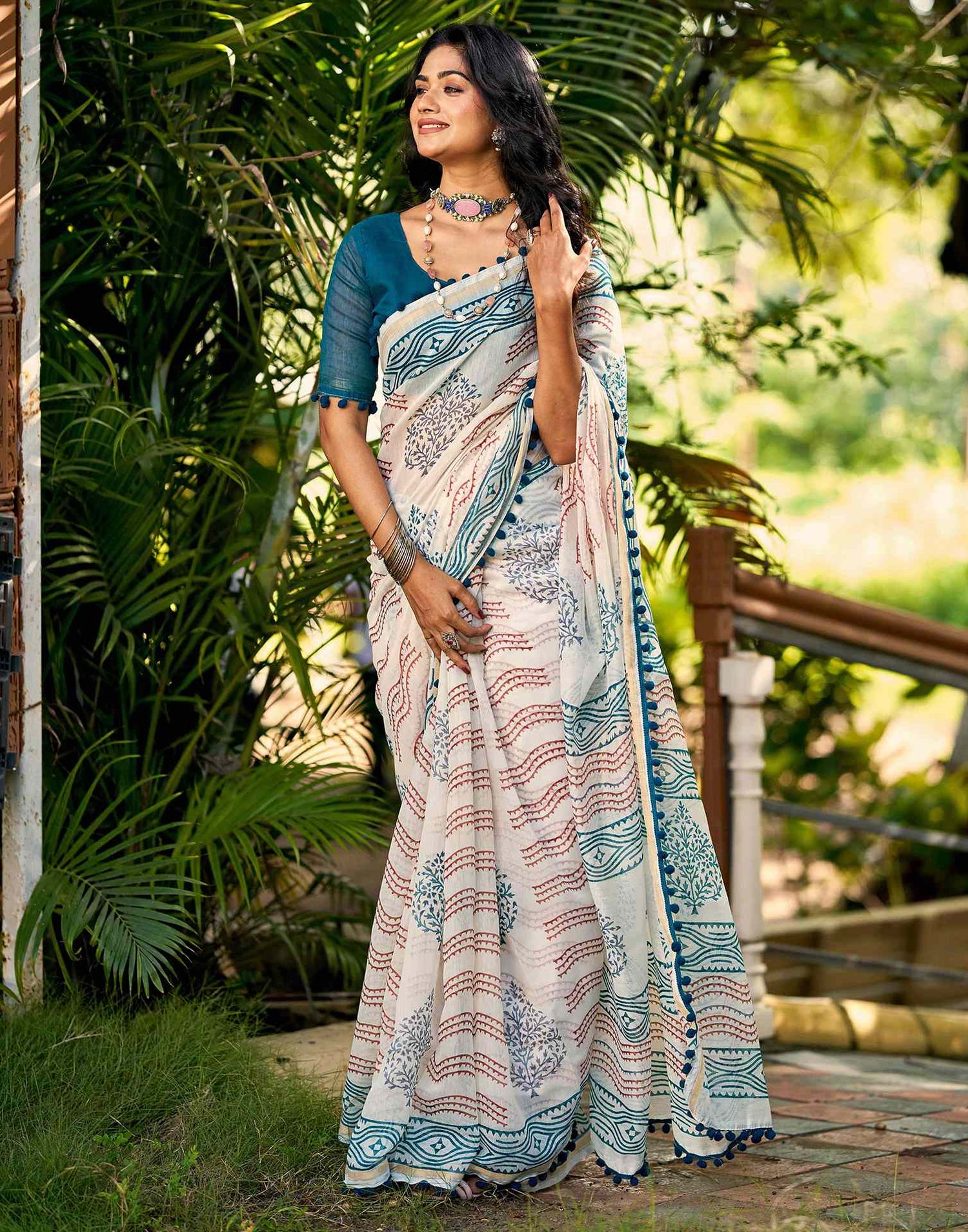 Off White Chanderi Printed Saree