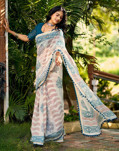 Off White Chanderi Printed Saree