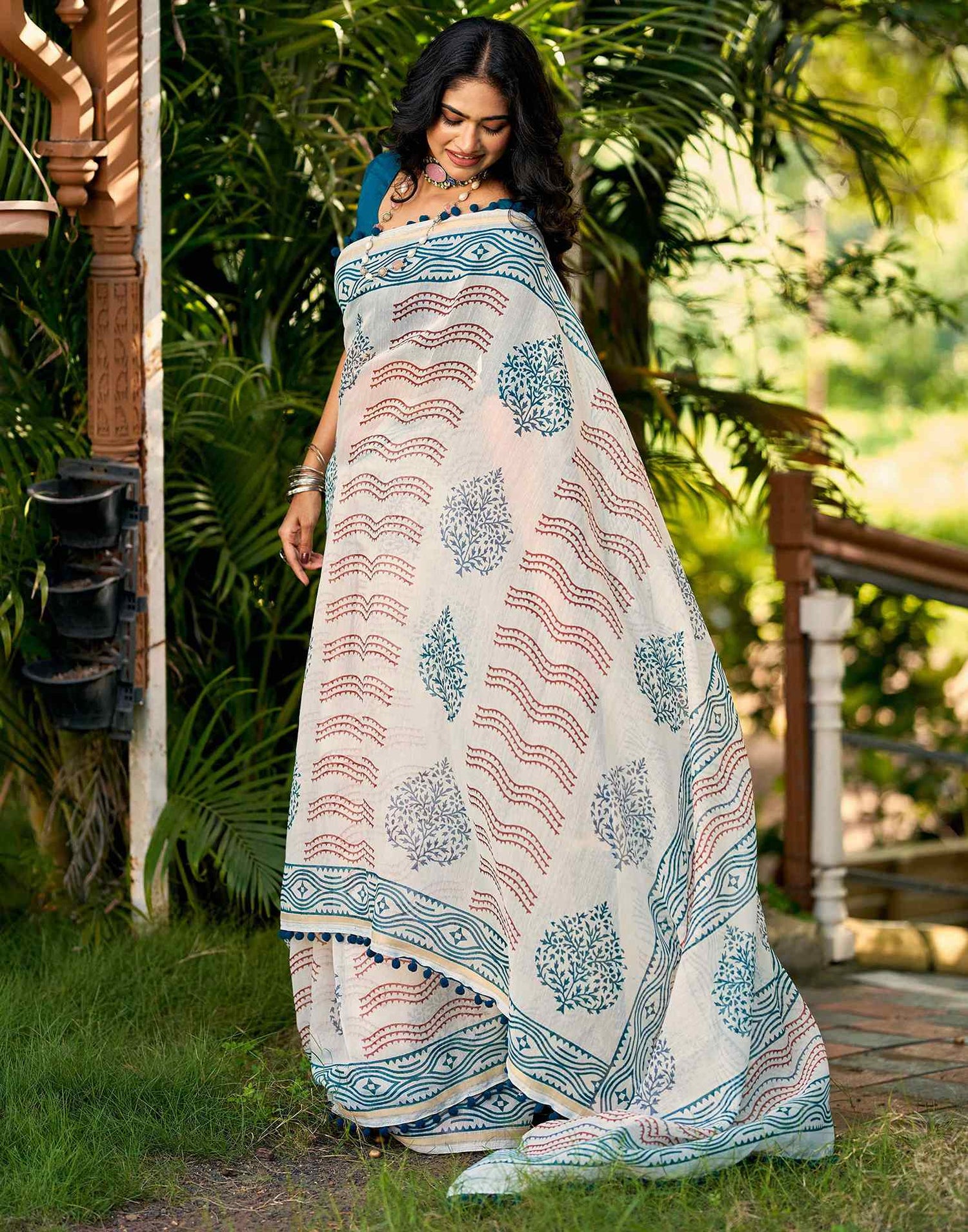Off White Chanderi Printed Saree