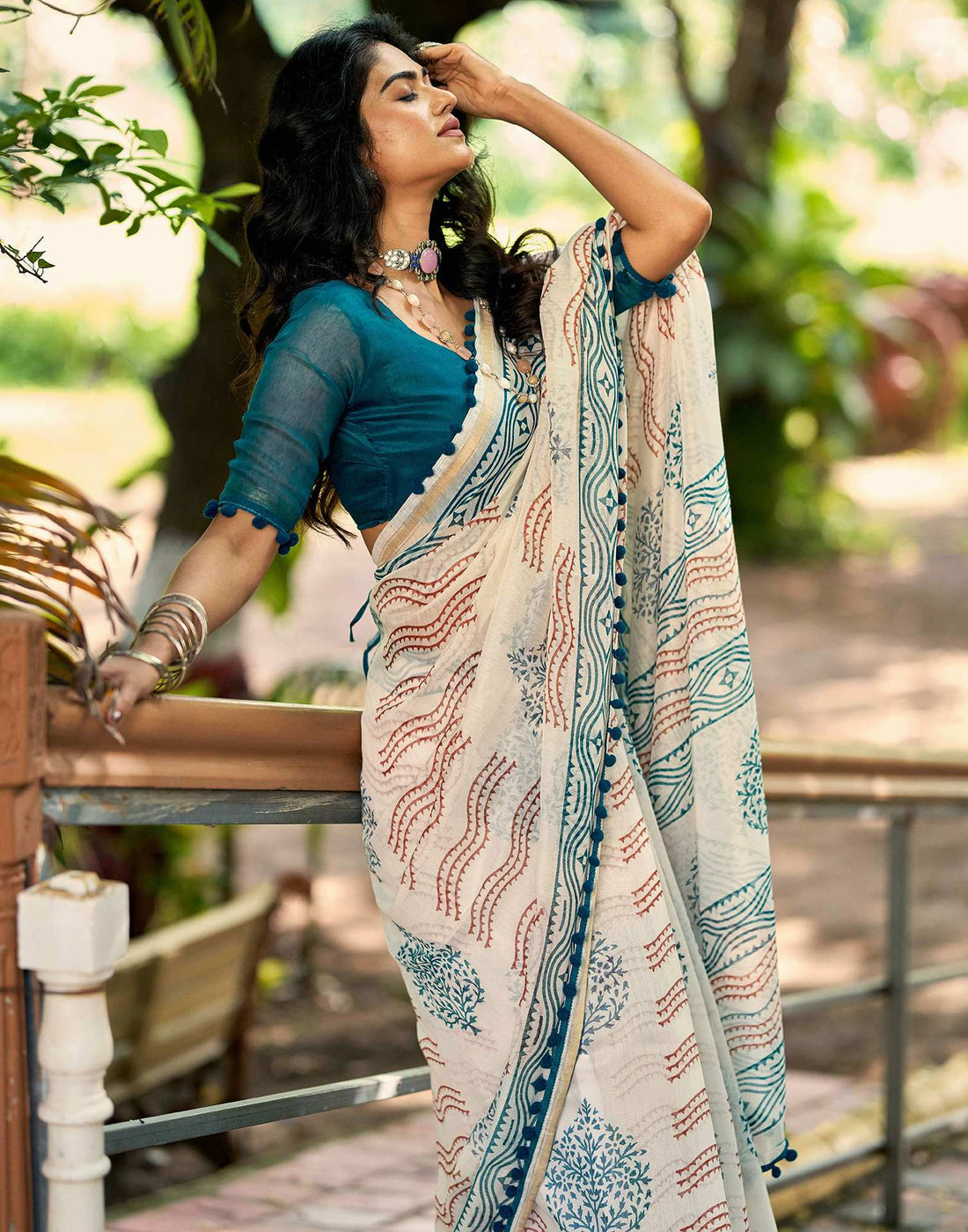 Off White Chanderi Printed Saree