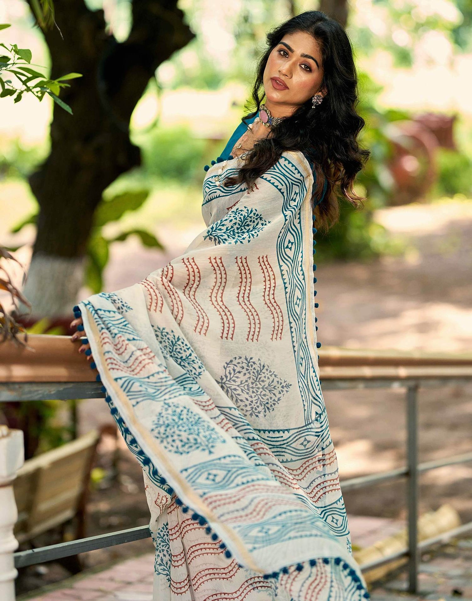 Off White Chanderi Printed Saree