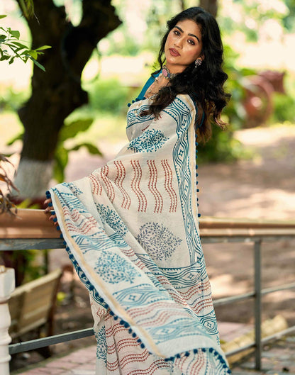 Off White Chanderi Printed Saree