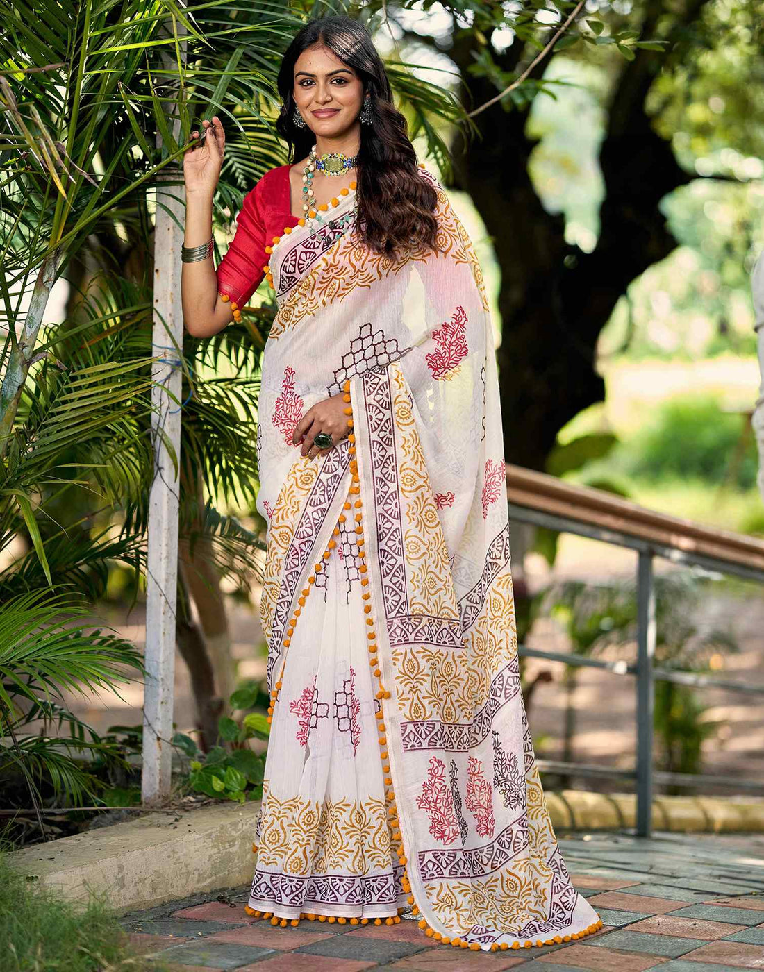 Off White Chanderi Printed Saree
